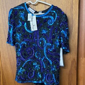 Vintage 80s NWT Laurence Kazar Black and Blue Sequin Blouse